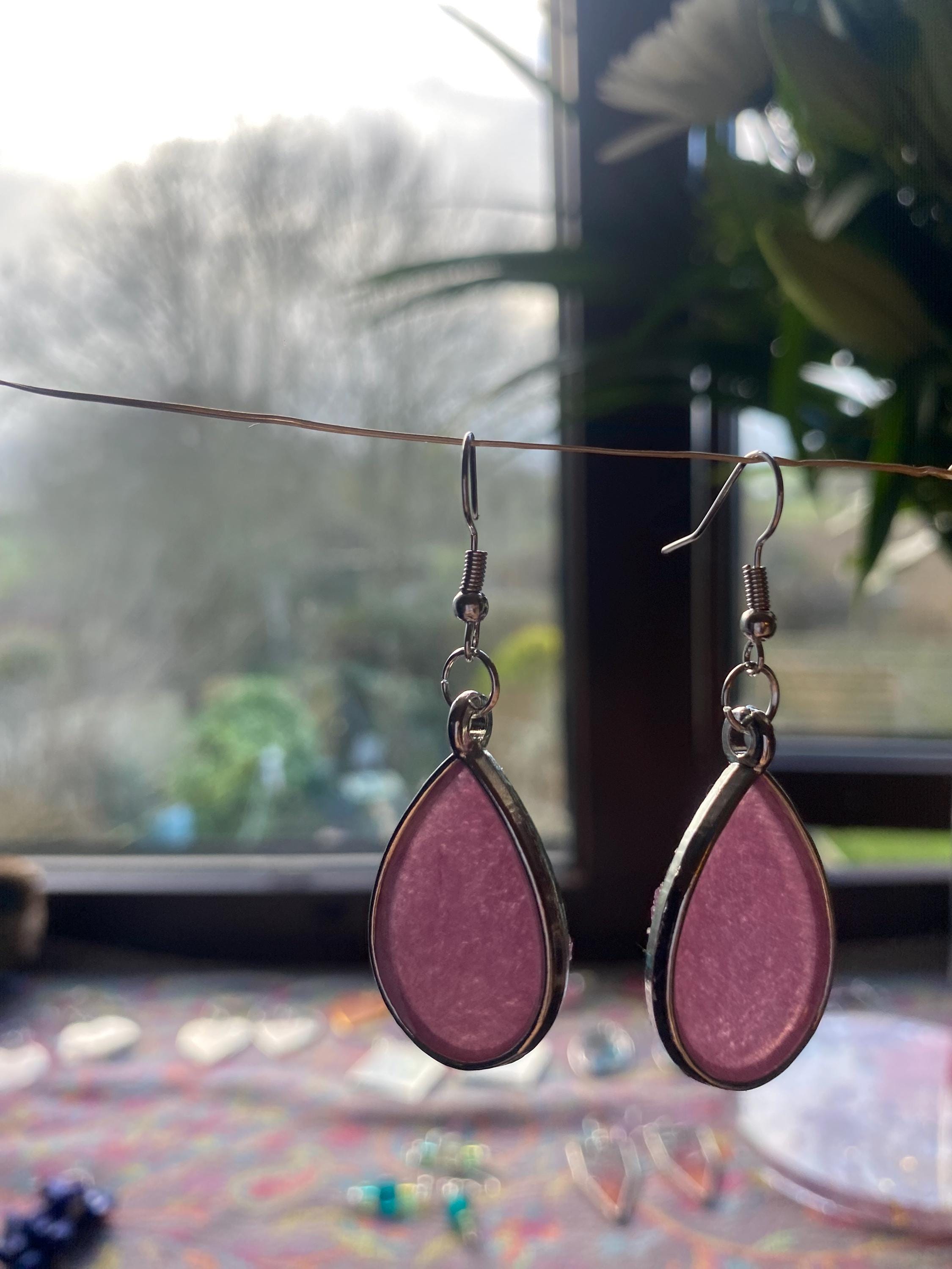 Purple Teardrop Shaped Resin Earrings - Silver frames