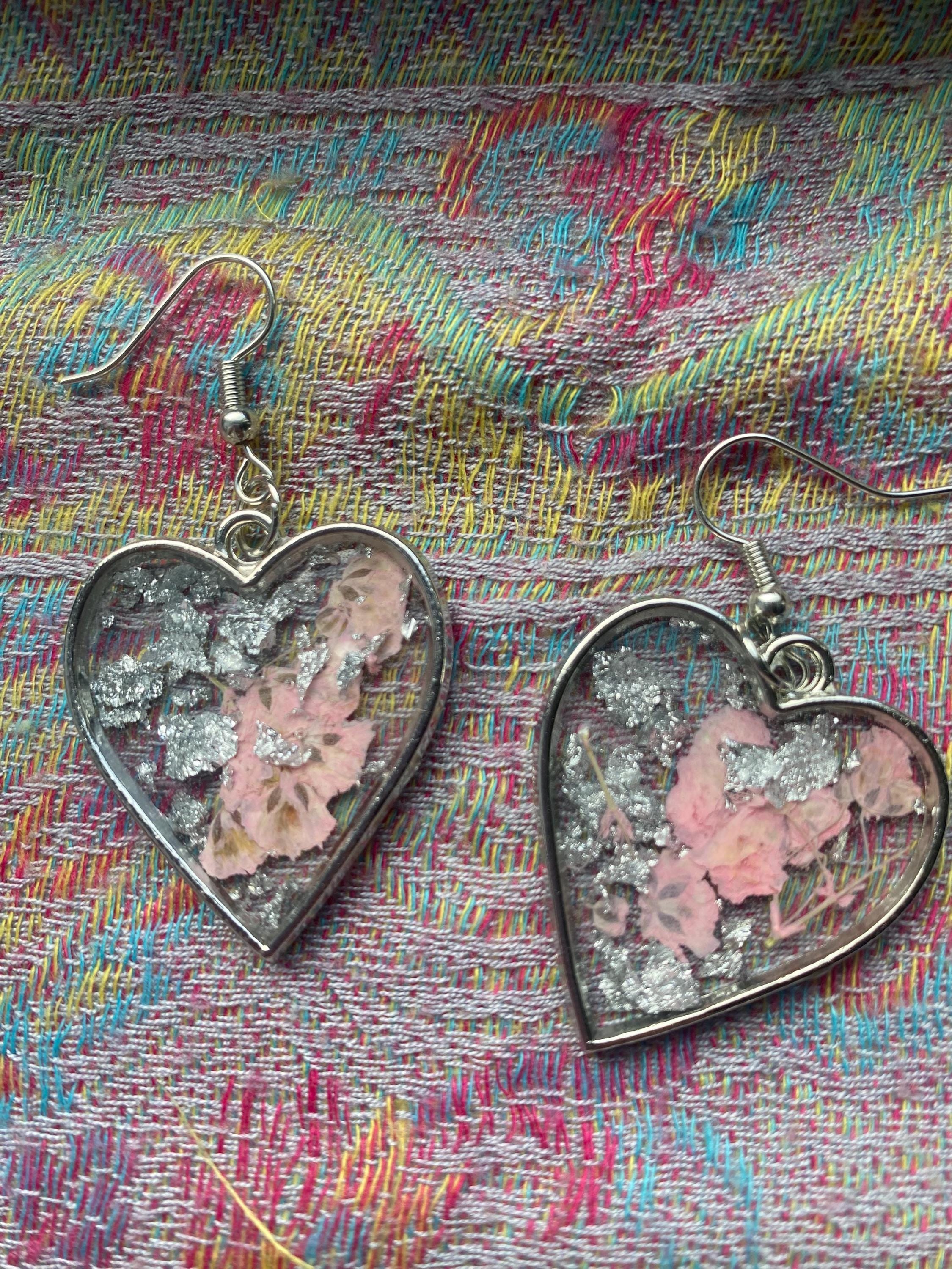Heart Shaped Pink and Silver Flower Earrings - Silver frame
