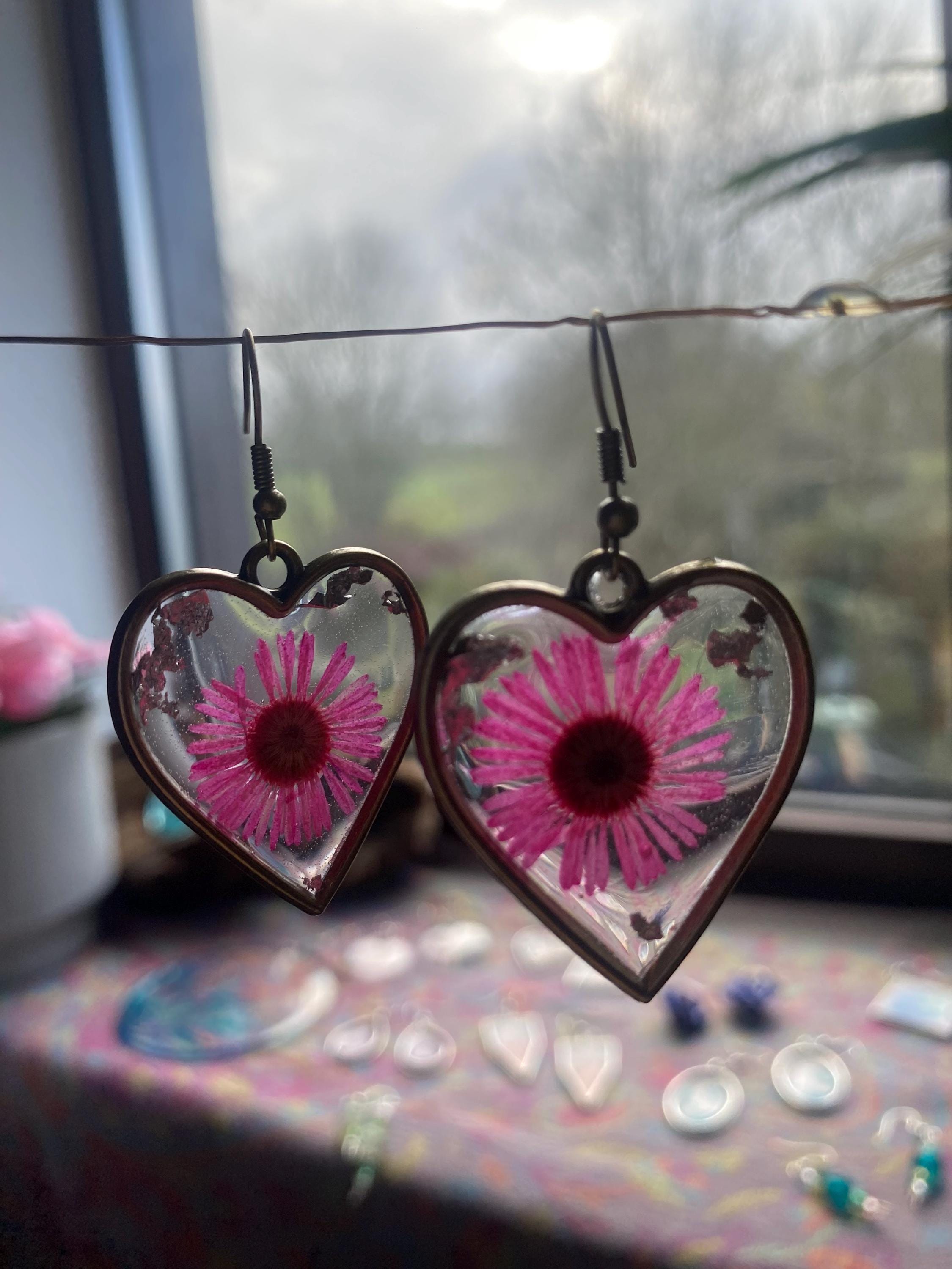 Pink Flower Resin Earrings - Gold frames