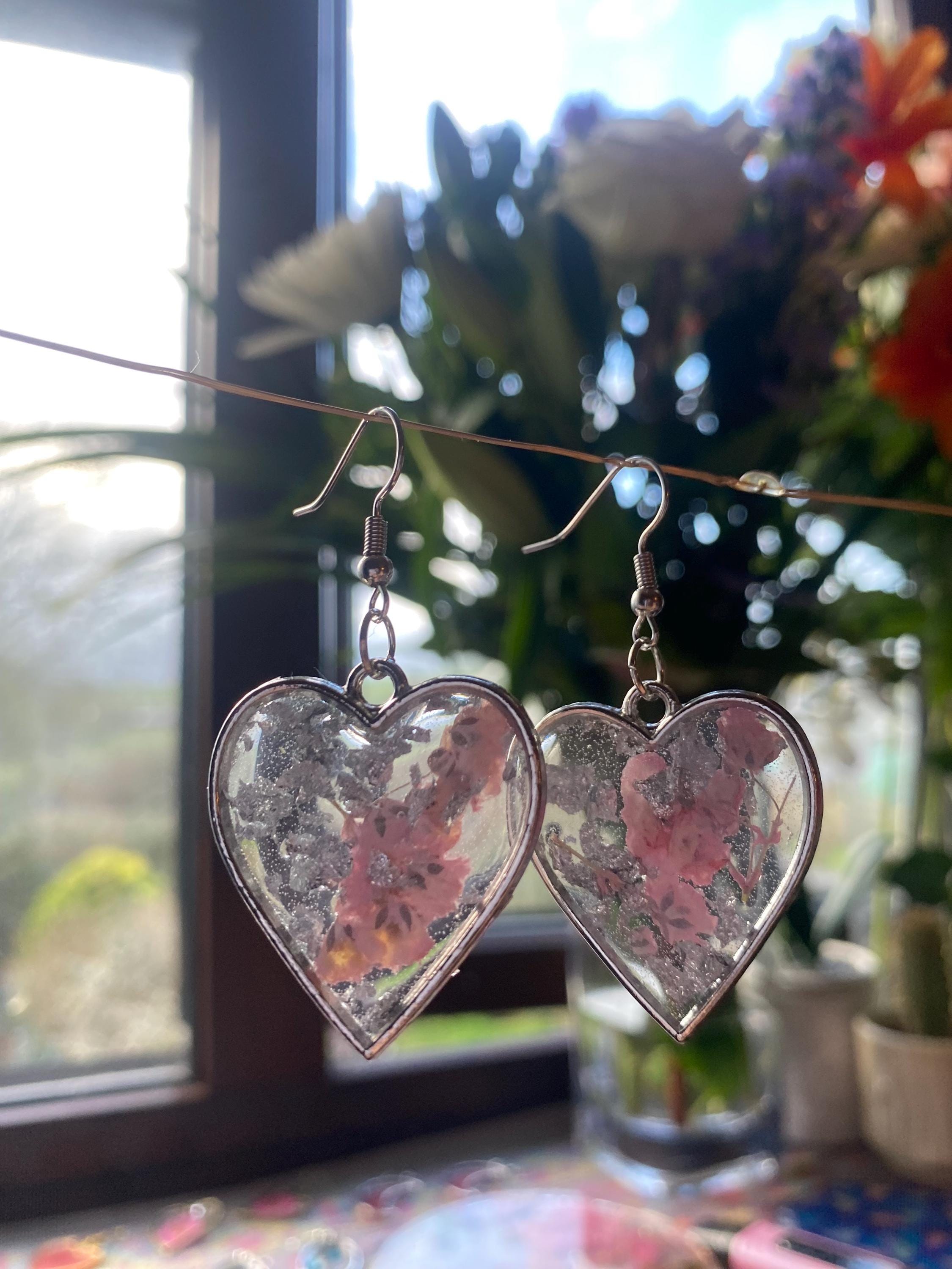 Heart Shaped Pink and Silver Flower Earrings - Silver frame
