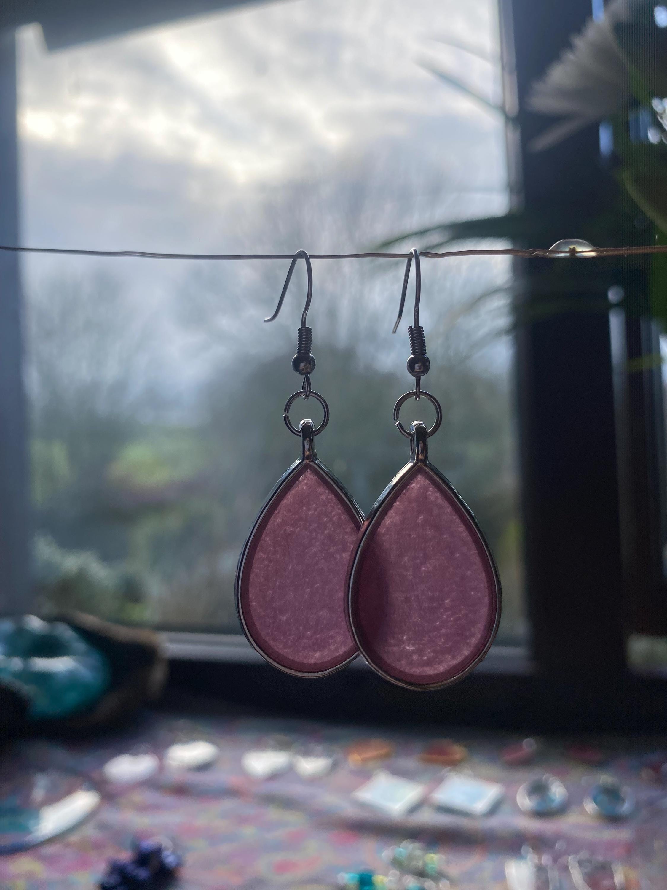 Purple Teardrop Shaped Resin Earrings - Silver frames