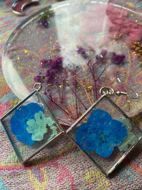 Blue Pressed Flower Resin Earrings - Square with silver frames
