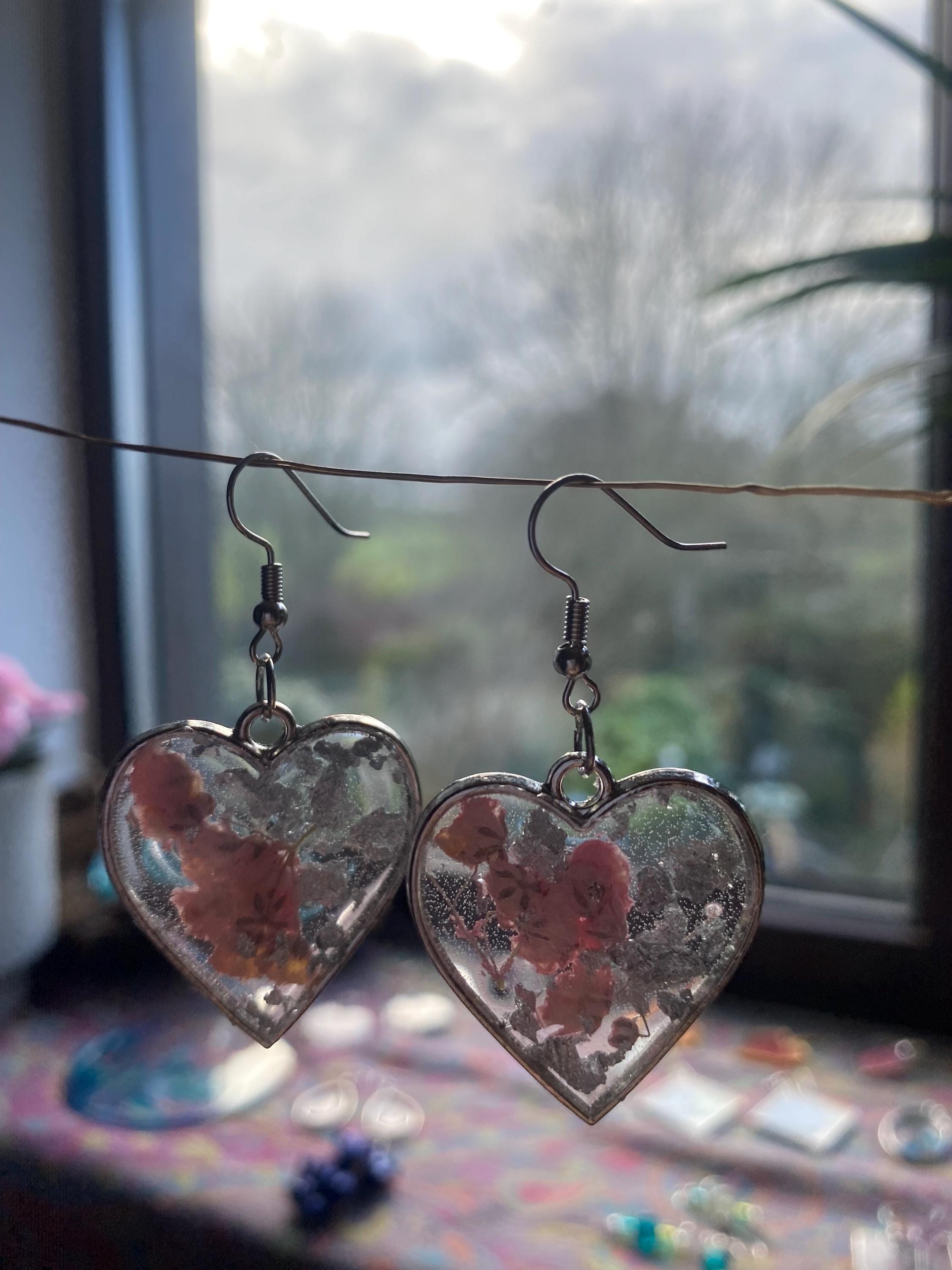 Heart Shaped Pink and Silver Flower Earrings - Silver frame