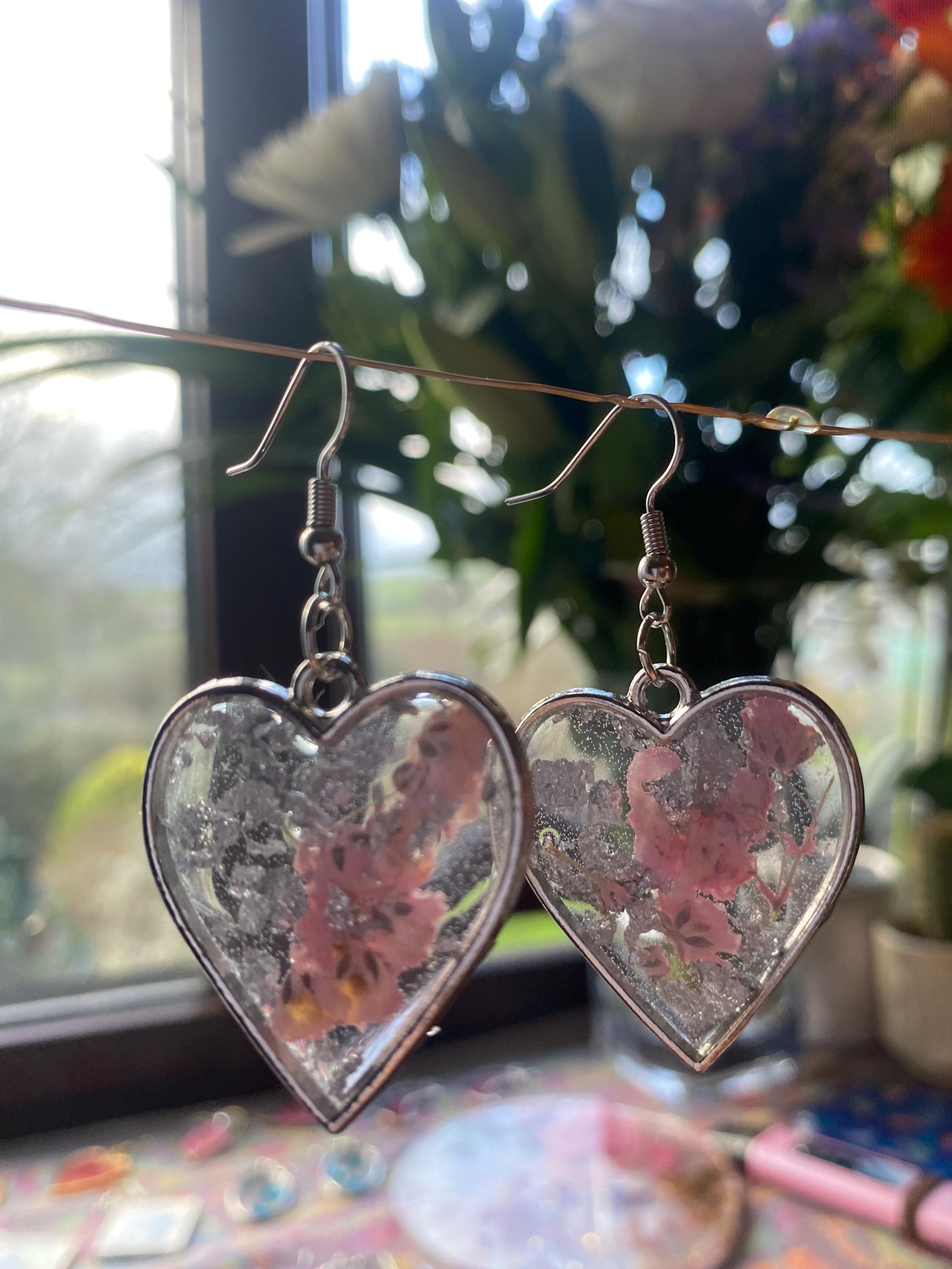 Heart Shaped Pink and Silver Flower Earrings - Silver frame