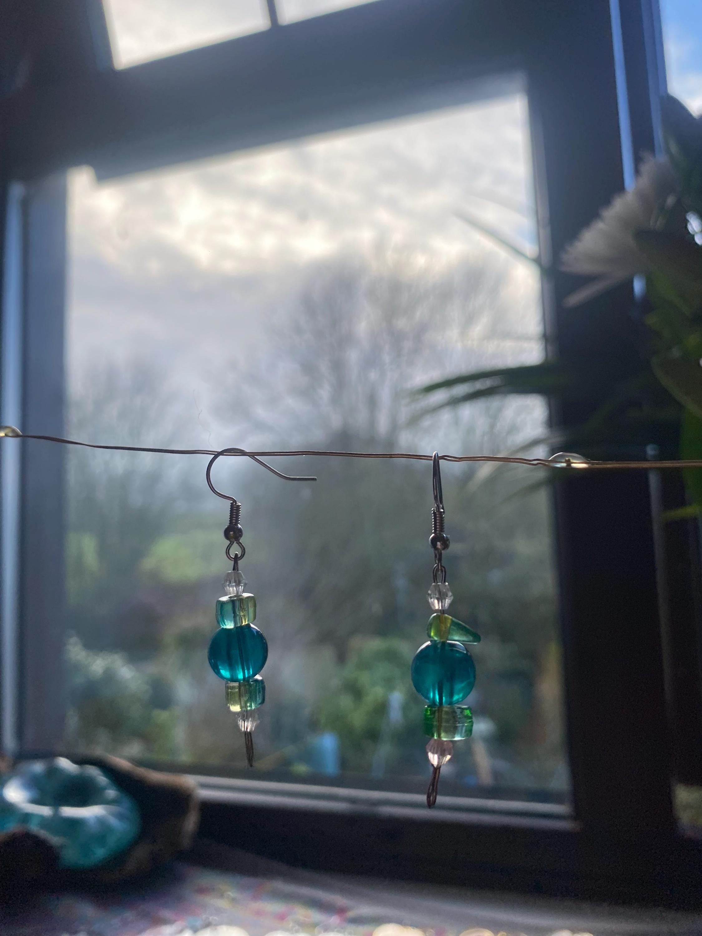 Green and White Bead Earrings