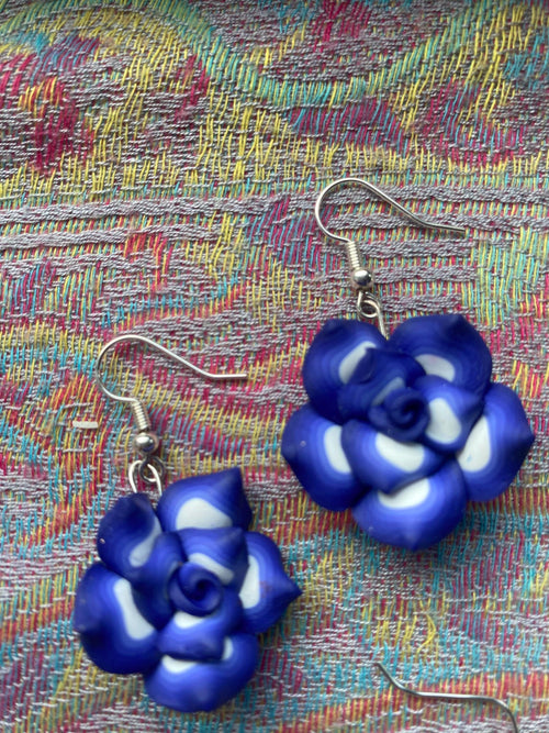 Blue and White Flower Bead Earrings