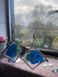 Blue Pressed Flower Resin Earrings - Square with silver frames