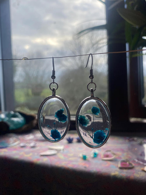 Blue Flower Resin Earrings - Clear with silver frames