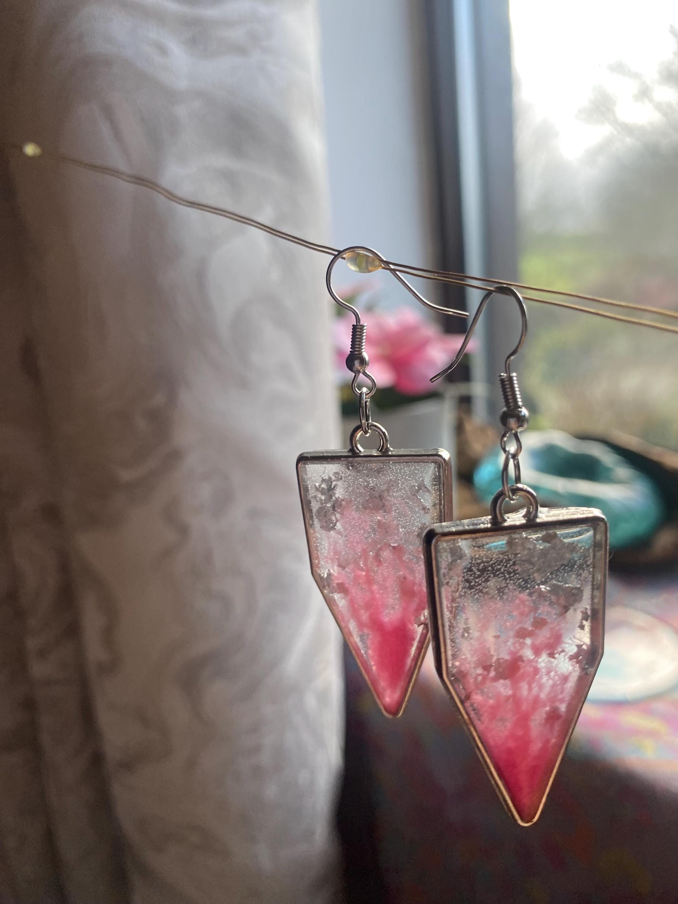 Marble Pink and Silver Fleck Resin Earrings  - Clear with silver frames