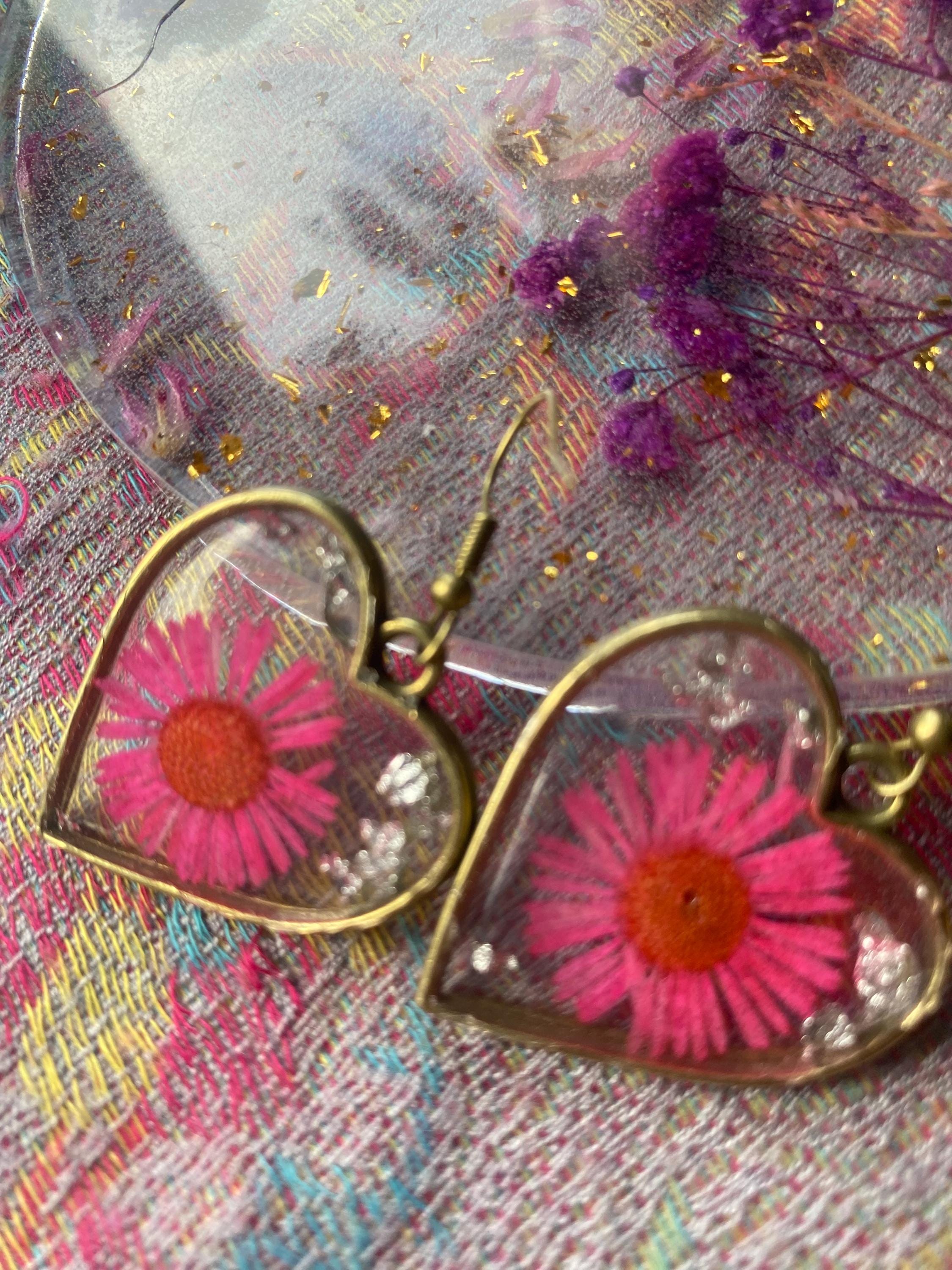 Pink Flower Resin Earrings - Gold frames
