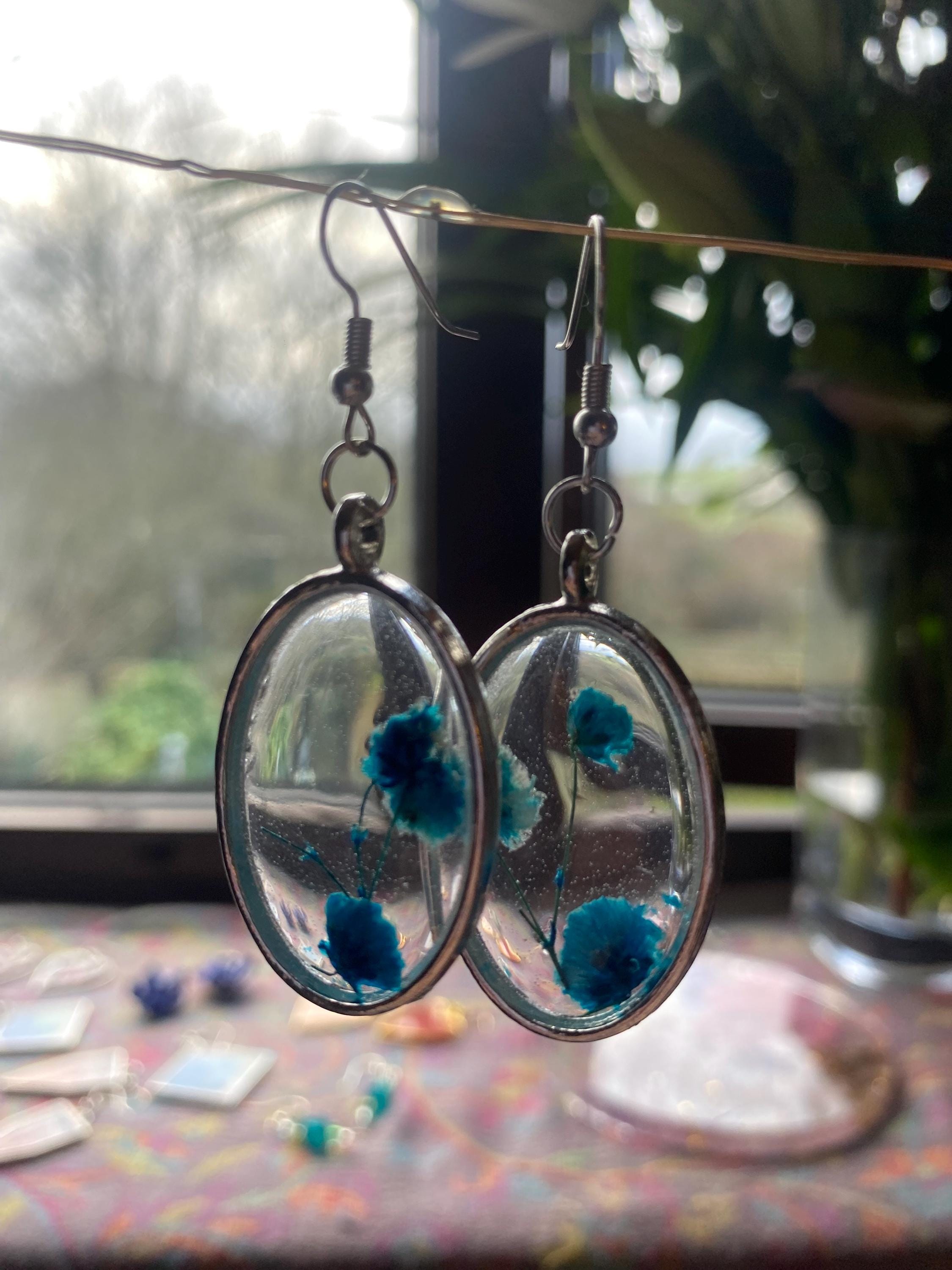 Blue Flower Resin Earrings - Clear with silver frames