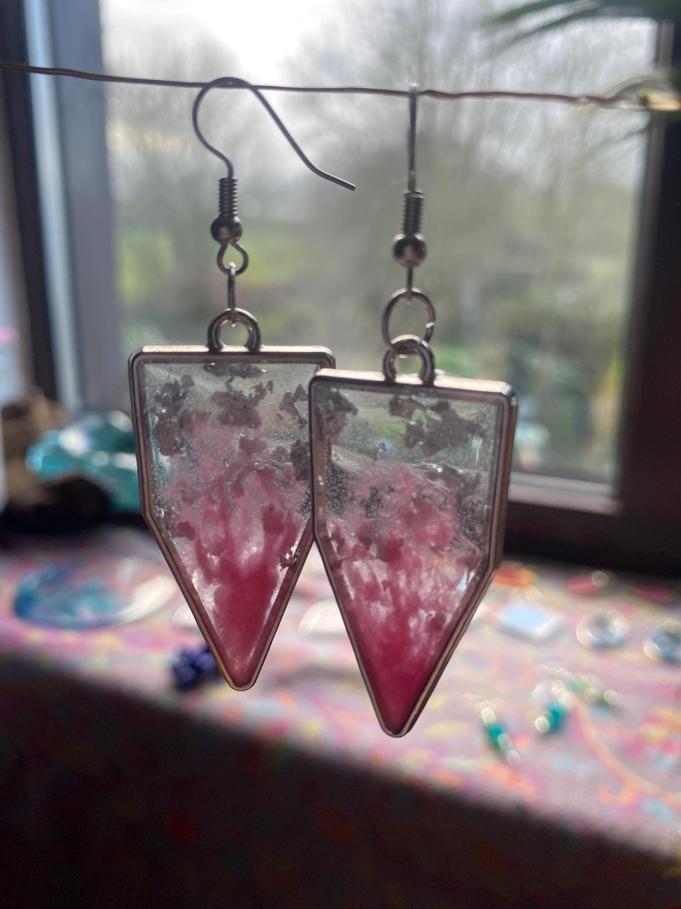 Marble Pink and Silver Fleck Resin Earrings  - Clear with silver frames