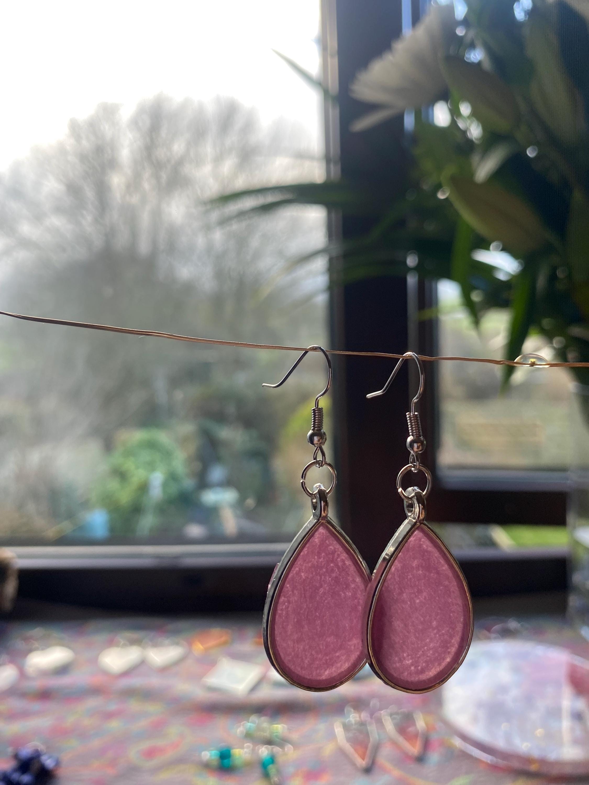 Purple Teardrop Shaped Resin Earrings - Silver frames