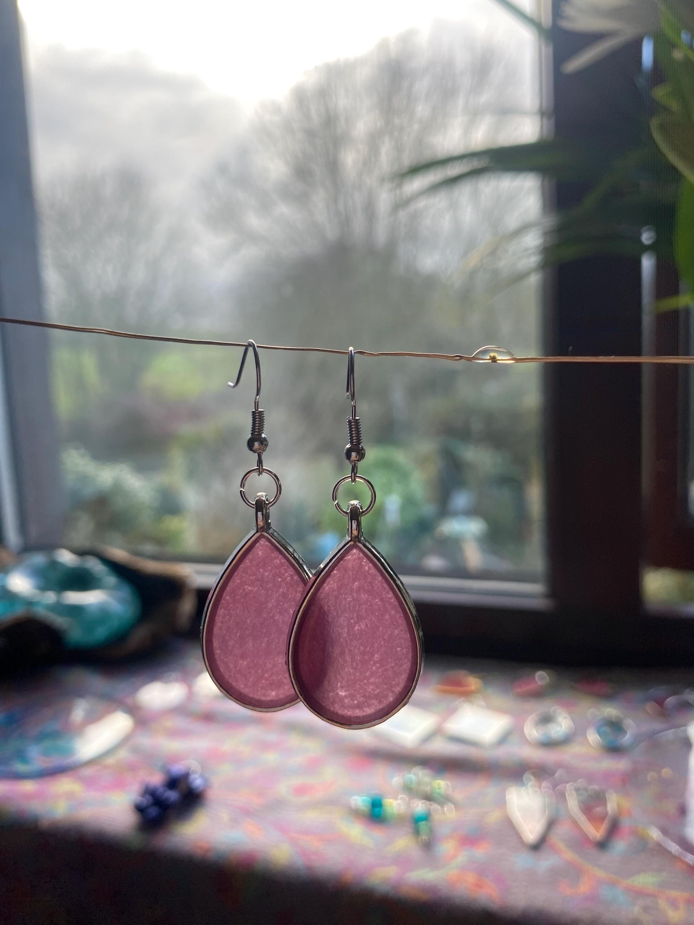 Purple Teardrop Shaped Resin Earrings - Silver frames