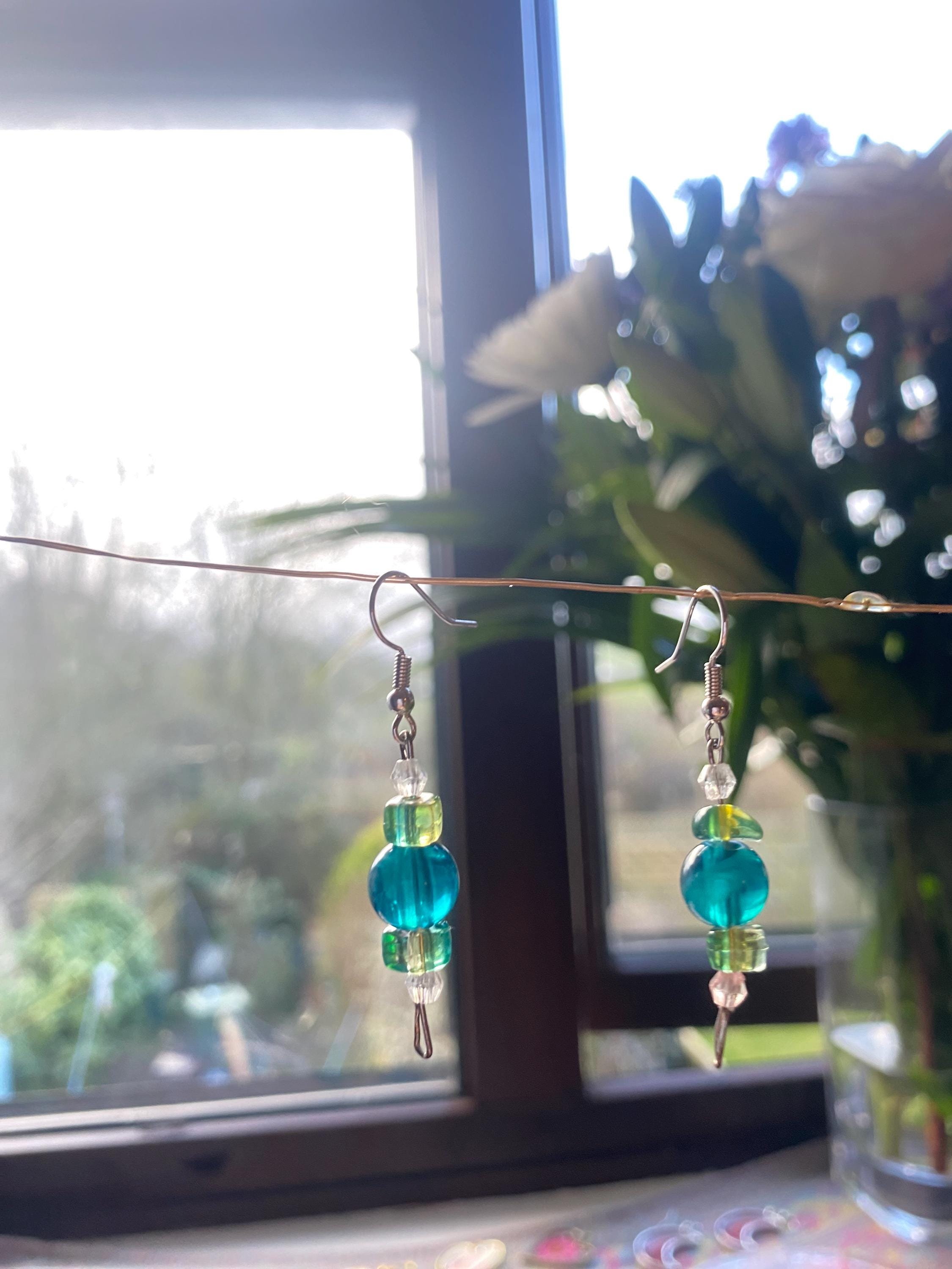 Green and White Bead Earrings